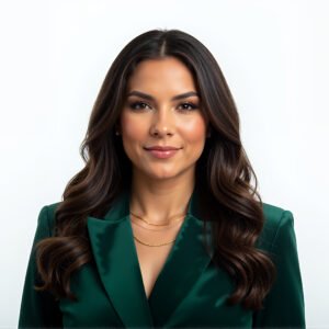 Studio portrait of a Latina woman with wavy dark hair confident expression fashion lighting setup white background