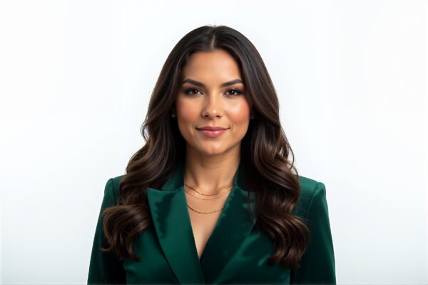 Studio portrait of a Latina woman with wavy dark hair confident expression fashion lighting setup white background