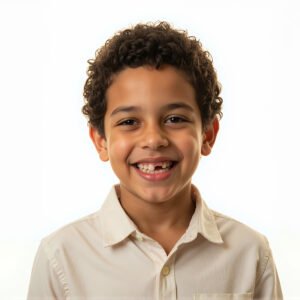 Studio portrait of a Middle Eastern boy with playful smile clean white background warm tone lighting