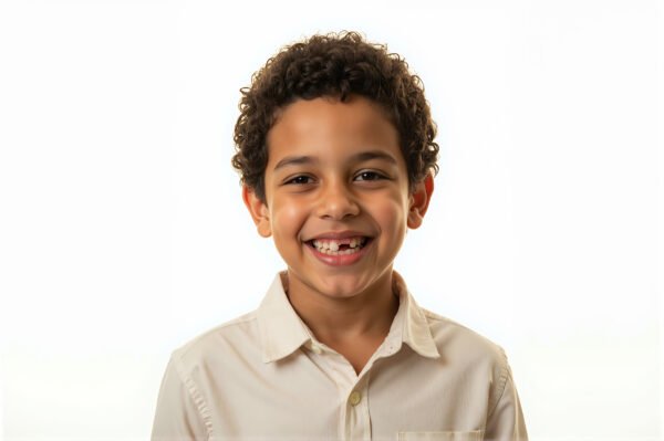Studio portrait of a Middle Eastern boy with playful smile clean white background warm tone lighting