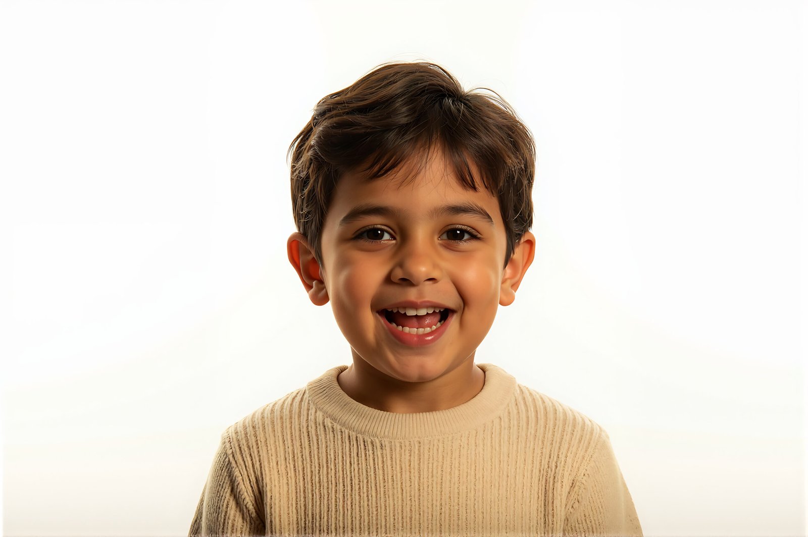 Studio portrait of a Middle Eastern boy with playful smile clean white background warm tone lighting