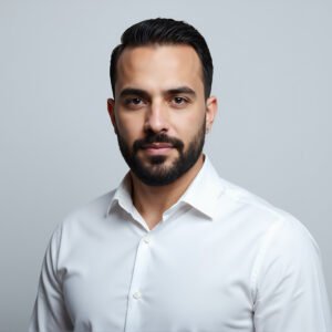 Studio portrait of a Middle Eastern man with trimmed beard white shirt even lighting clean backdrop