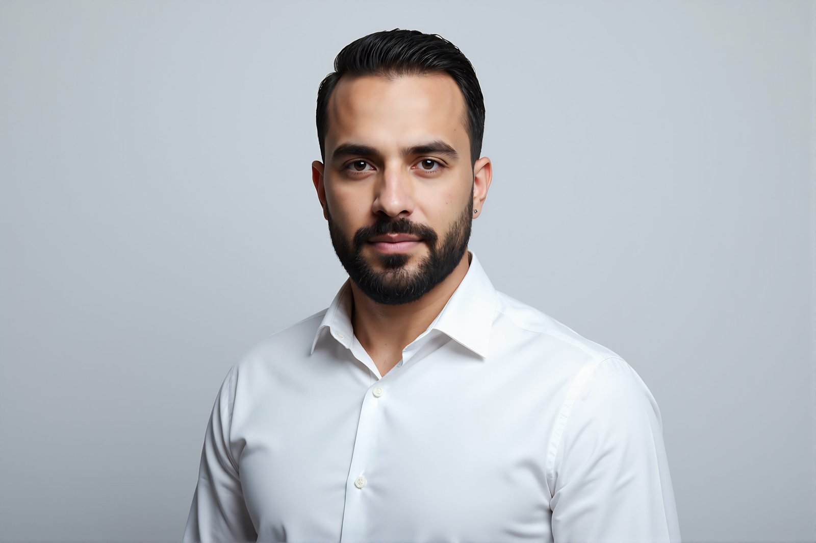 Studio portrait of a Middle Eastern man with trimmed beard white shirt even lighting clean backdrop