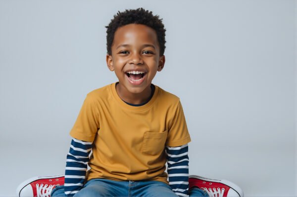 Studio portrait of an African boy smiling brightly softbox lighting light gray background casual outfit