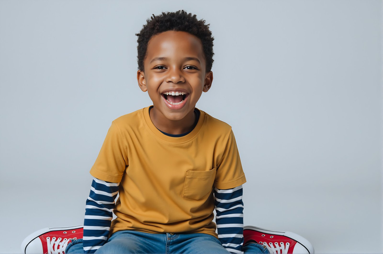 Studio portrait of an African boy smiling brightly softbox lighting light gray background casual outfit