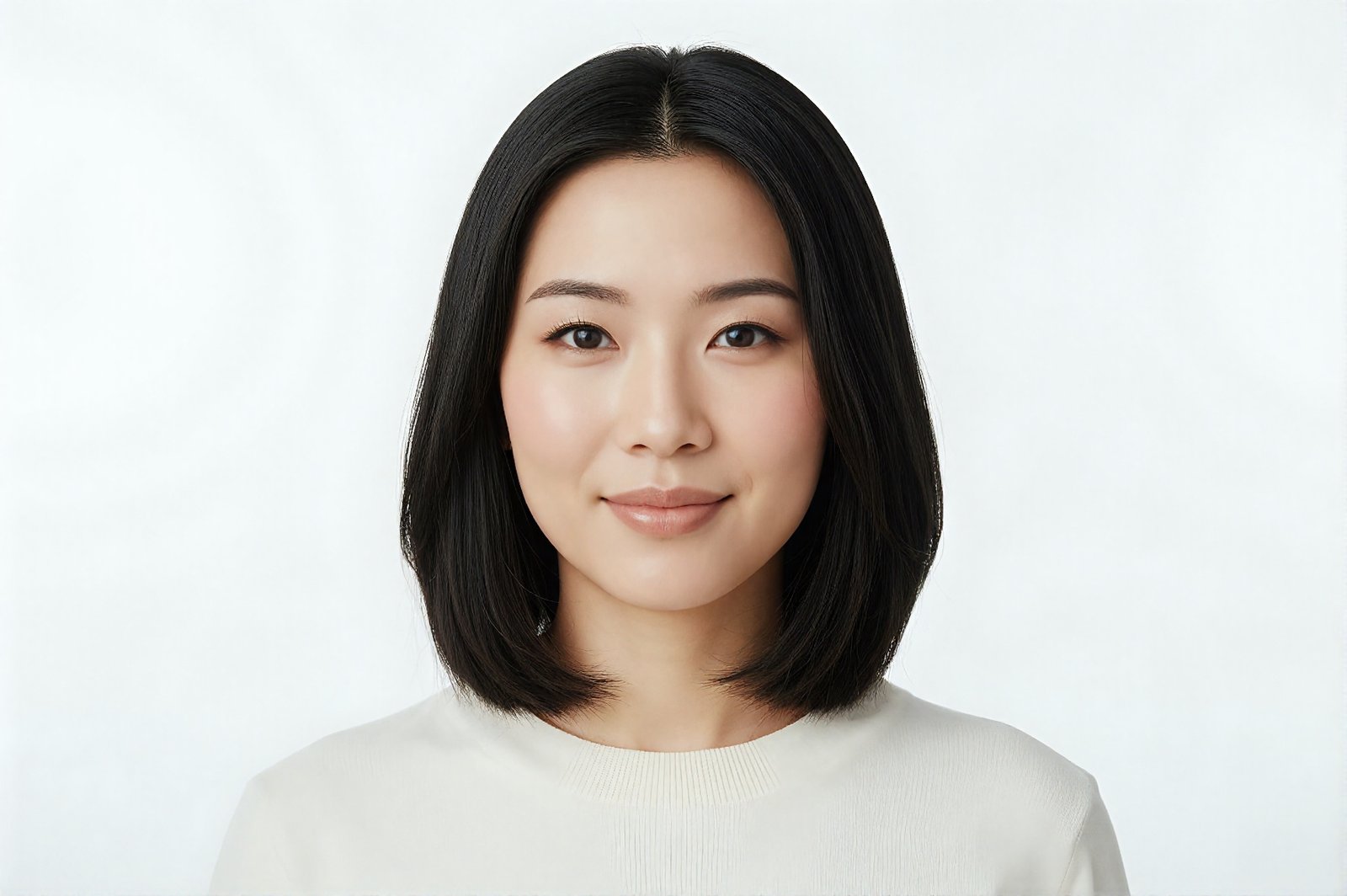 Studio portrait of an Asian woman with straight black hair clean white background subtle makeup calm expression