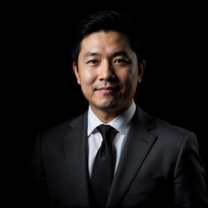 Studio portrait of an East Asian man in formal suit black background Rembrandt lighting for professional look