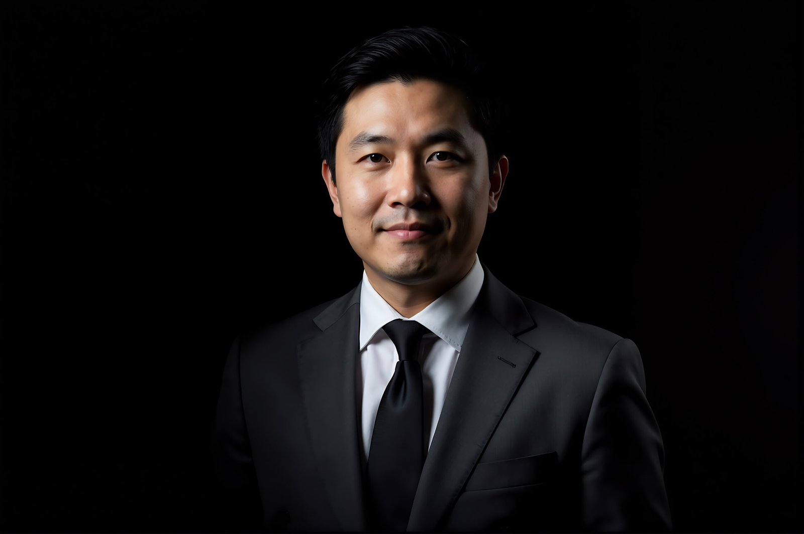 Studio portrait of an East Asian man in formal suit black background Rembrandt lighting for professional look