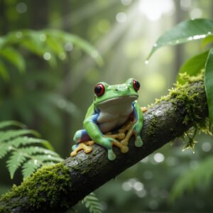 Tree frog clinging to a branch with red eyes in rainforest