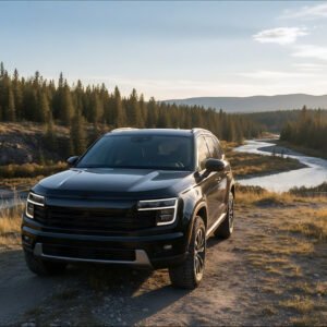 Unbranded SUV in outdoor setting black paint realistic lighting no logo or text on grille