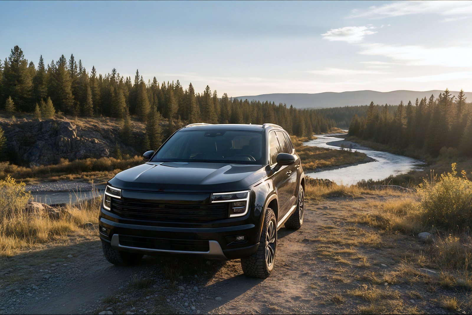 Unbranded SUV in outdoor setting black paint realistic lighting no logo or text on grille