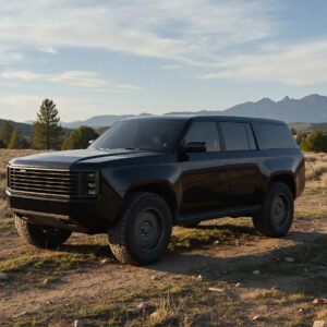 Unbranded boxy SUV in outdoor setting black paint realistic lighting no logo or text on grille