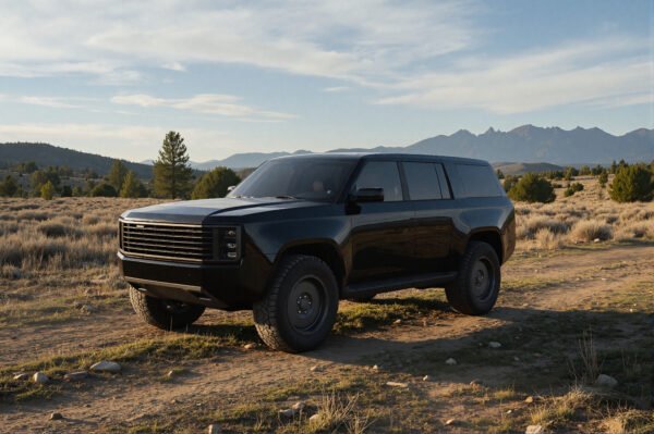 Unbranded boxy SUV in outdoor setting black paint realistic lighting no logo or text on grille