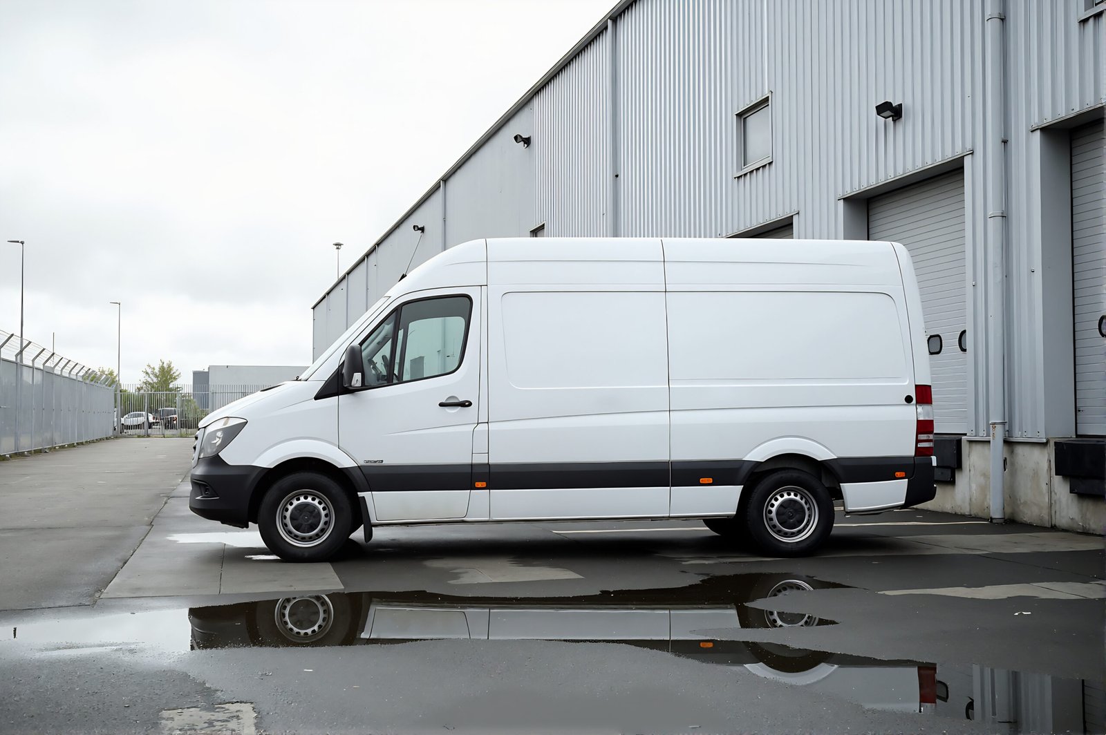 Unbranded delivery van parked beside warehouse white color no logos clean commercial design