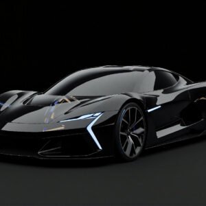 Unbranded electric supercar on dark background glossy finish detailed reflections logo free