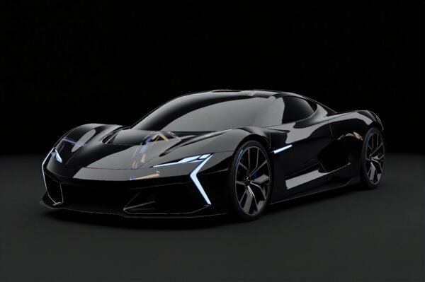 Unbranded electric supercar on dark background glossy finish detailed reflections logo free