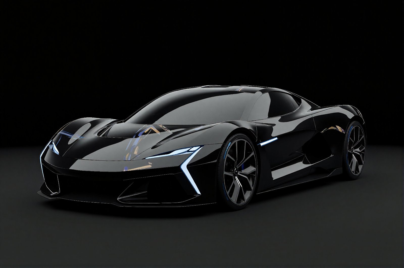 Unbranded electric supercar on dark background glossy finish detailed reflections logo free