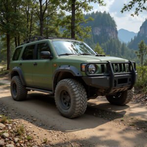 Unbranded off road SUV on dirt road rugged tires natural lighting no identifiable manufacturer marks