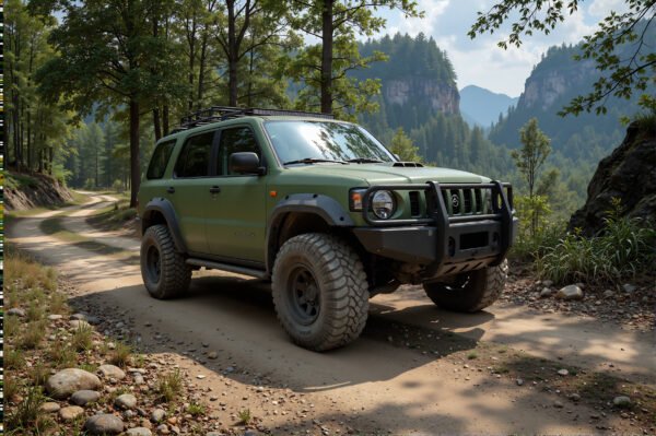 Unbranded off road SUV on dirt road rugged tires natural lighting no identifiable manufacturer marks