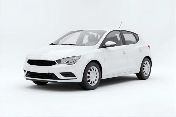 Unbranded white hatchback car isolated on white background studio lighting no visible badges or emblems