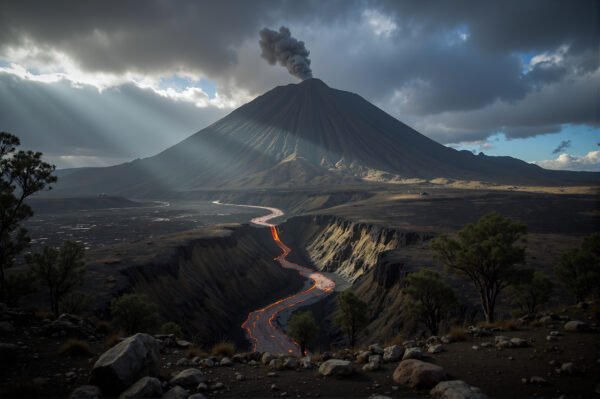 Volcanic mountain under cloudy sky dramatic contrast and cinematic composition