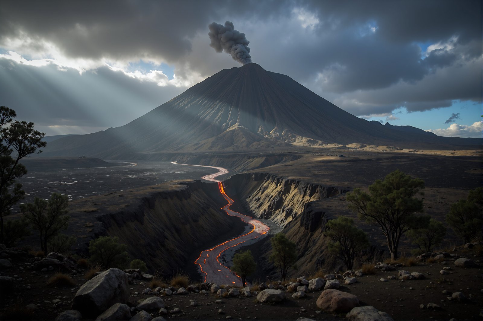 Volcanic mountain under cloudy sky dramatic contrast and cinematic composition