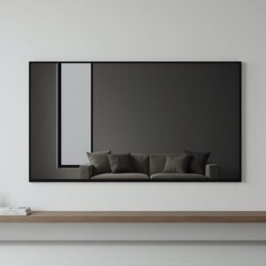Wall mounted TV in minimalist room turned off reflective black screen no visible branding or labels