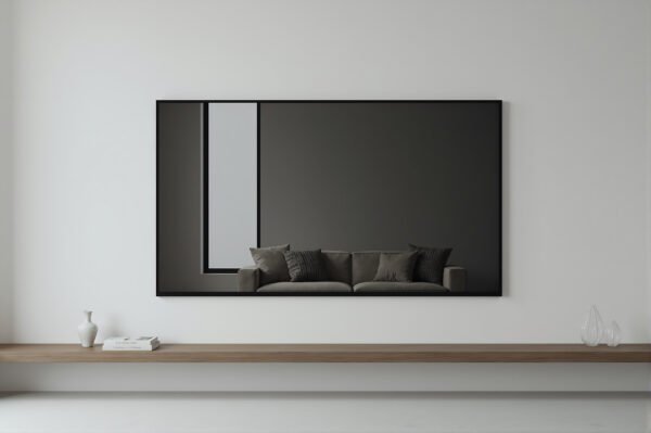 Wall mounted TV in minimalist room turned off reflective black screen no visible branding or labels