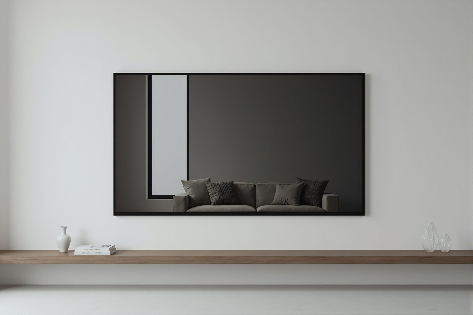 Wall mounted TV in minimalist room turned off reflective black screen no visible branding or labels