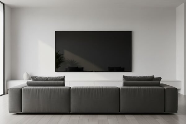 Wall mounted TV in minimalist room turned off reflective black screen no visible branding or manufacturer names or labels
