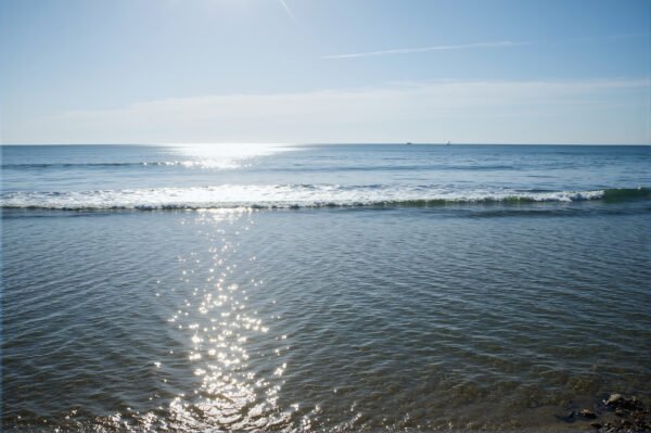 Wide ocean view with gentle waves and clear horizon bright daylight realistic water reflections