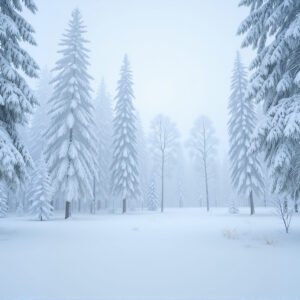 Winter forest with snow covered trees soft cold light quiet atmosphere