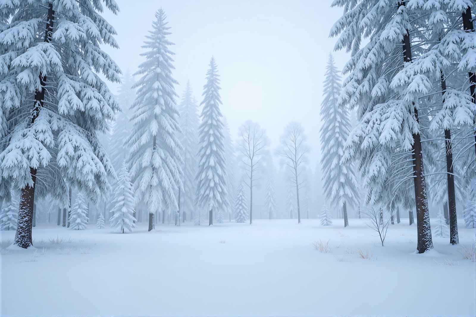 Winter forest with snow covered trees soft cold light quiet atmosphere