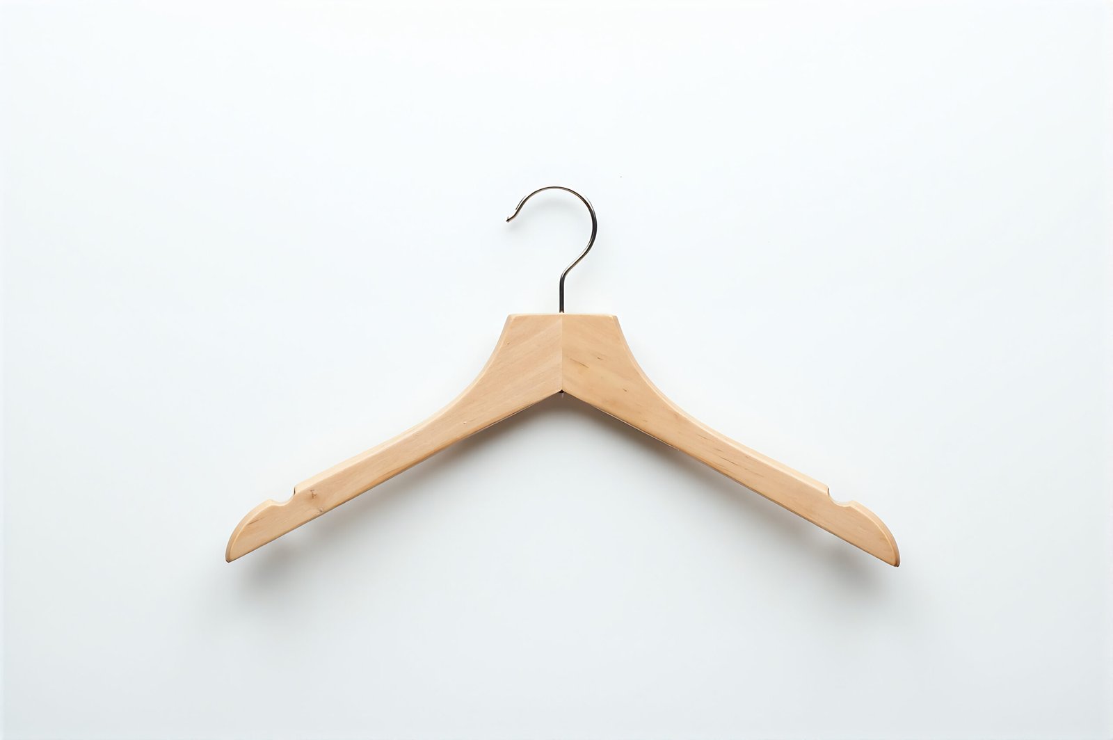 Wooden clothes hanger on clean white background studio lighting simple modern composition