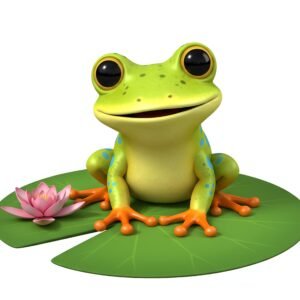adorable 3d cartoon frog sitting on a lily pad big round eyes and happy smile bright colors white background