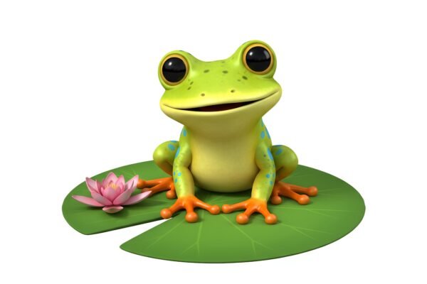 adorable 3d cartoon frog sitting on a lily pad big round eyes and happy smile bright colors white background