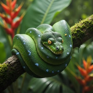 Green tree snake resting on a branch—free image for wildlife, reptile or nature visuals.
