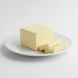 butter block with two small slices cut placed on white plate soft shadows studio white background