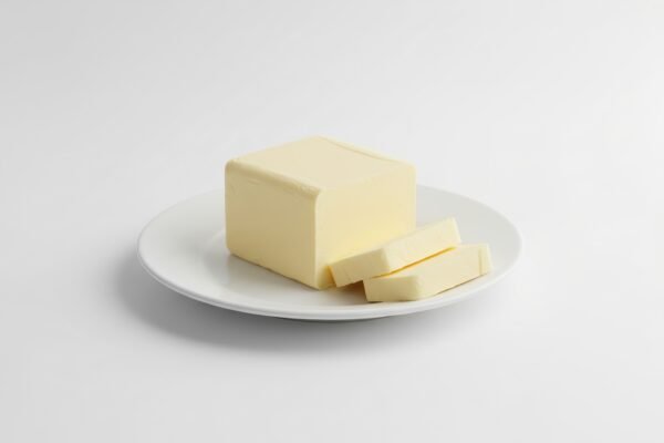 butter block with two small slices cut placed on white plate soft shadows studio white background