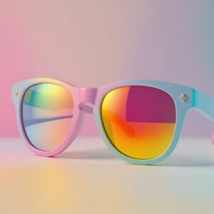 Colorful sunglasses displayed against gradient pastel background