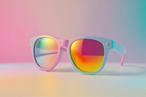 Colorful sunglasses displayed against gradient pastel background