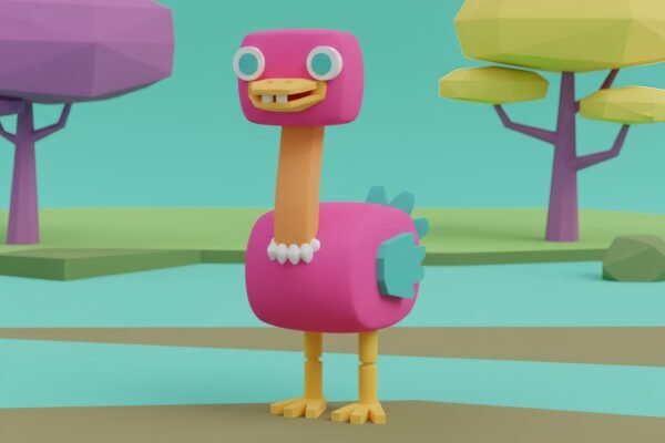 Cute 3D ostrich character with tiny wings and big smile