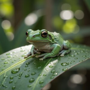Realistic frog sitting on a wet leaf with visible water droplets and detailed skin texture — nature wildlife close-up scene
