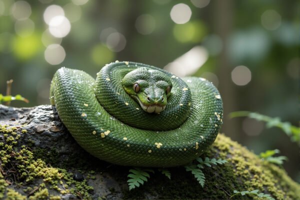 Close-up of a snake coiled in a spiral, showing detailed scales and head posture—free image for wildlife, reptile or nature visuals.