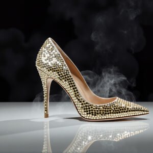 Golden high‑heel shoes illustration with metallic finish on white background — stylish footwear scene