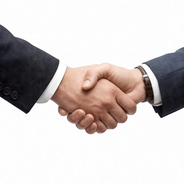 Realistic isolated handshake between two people, white background — business agreement scene