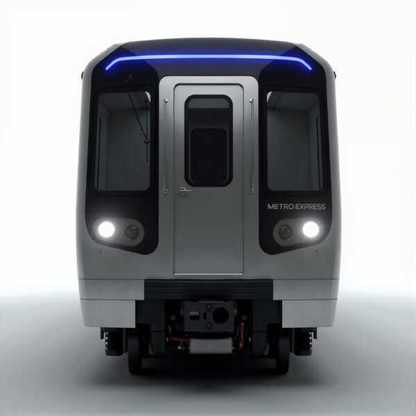 Realistic subway train front view in a city transit setting—free image for transport, infrastructure or public-transit visuals.