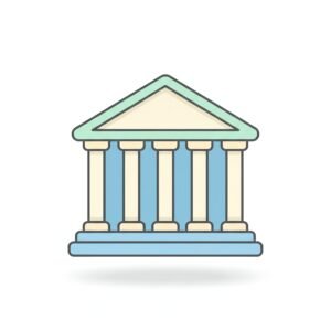 flat vector icon of a bank building with columns pastel colors dark gray outline rounded edges soft shadow white background