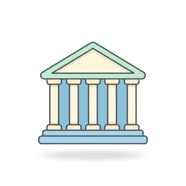 flat vector icon of a bank building with columns pastel colors dark gray outline rounded edges soft shadow white background