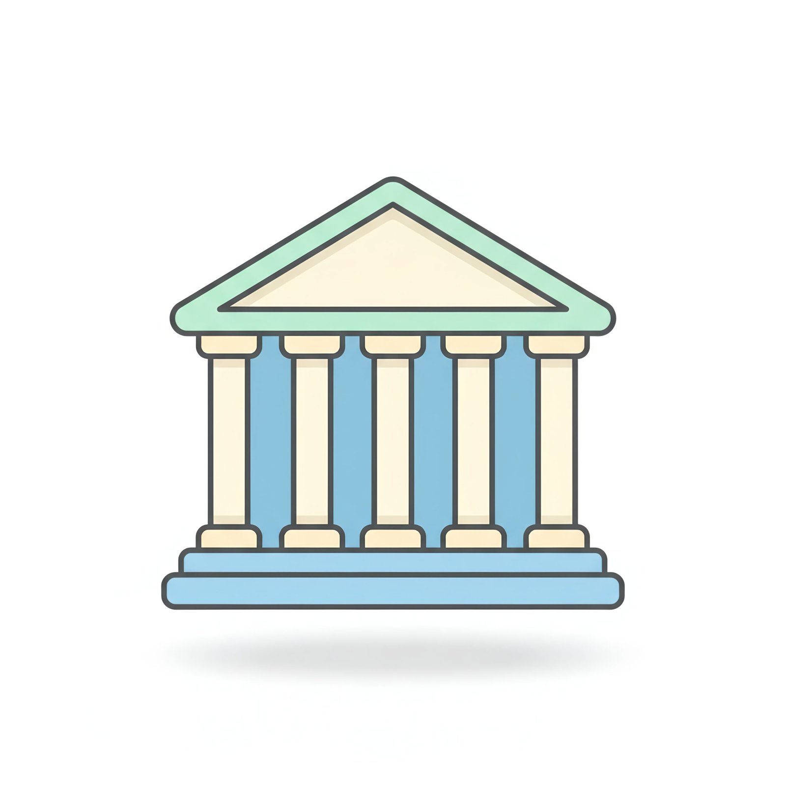 flat vector icon of a bank building with columns pastel colors dark gray outline rounded edges soft shadow white background